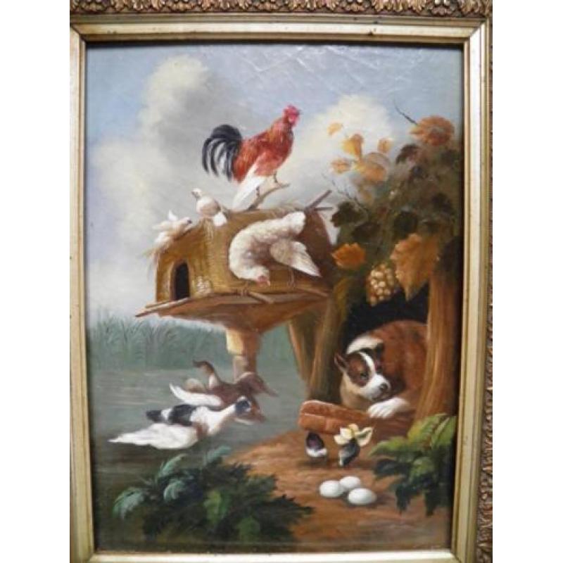 Schilderij met pluimvee en hond uit 1e helft 1800