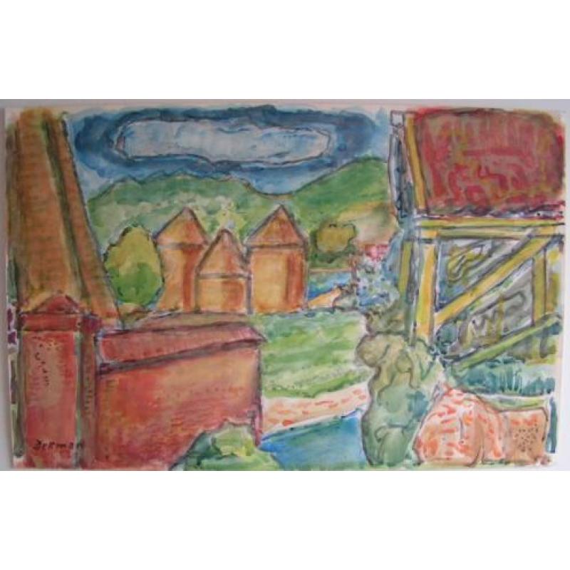 Hubert Bekman 1941 boerderij in landschap Acryl verf