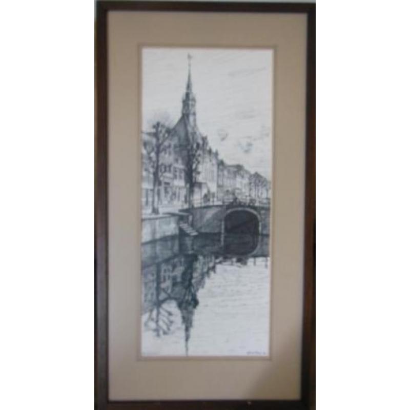 Gerrit Neven(1939) Pentekening"Kerk en brug Schoonhoven"Ges