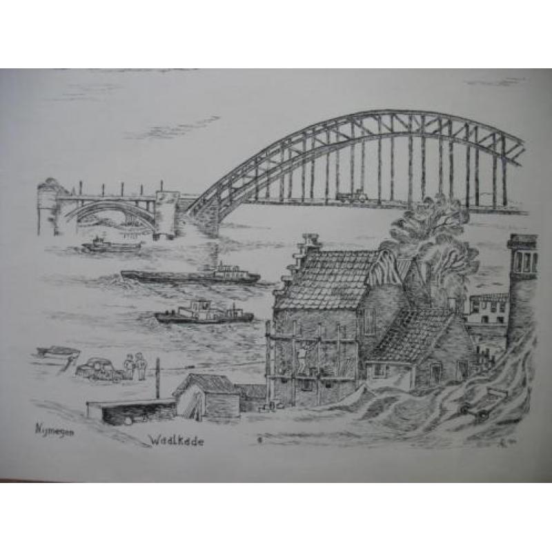 Vintage Ets-Tekening- Waalkade Nijmegen1984