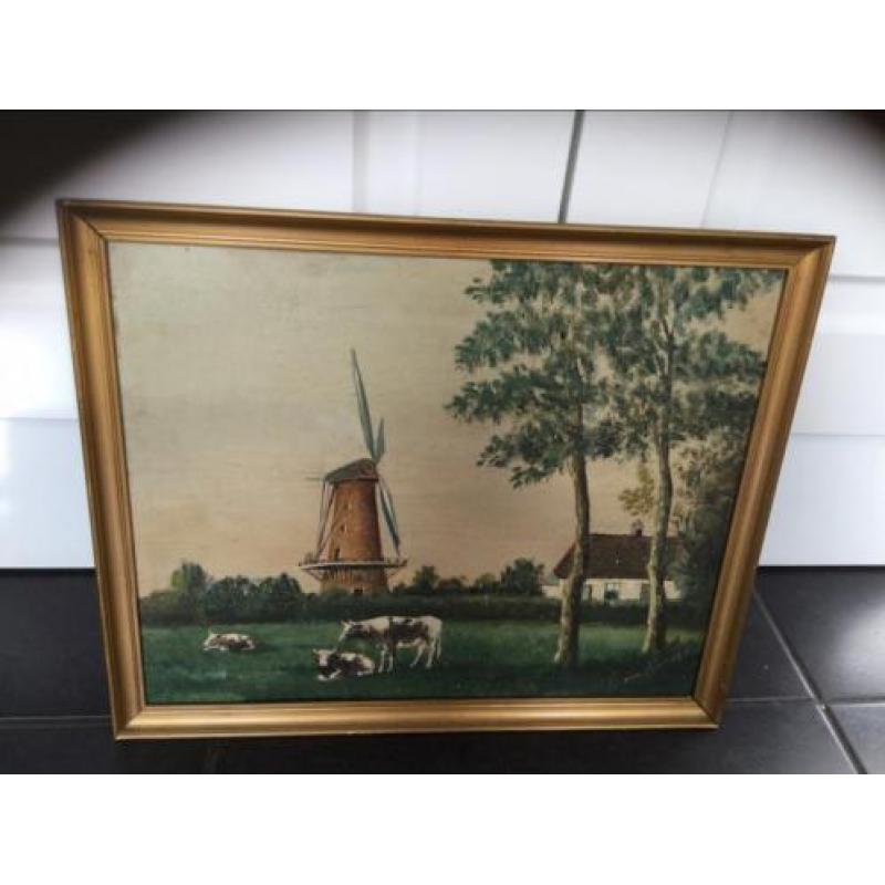 Schilderij L van Kampen koeien en molen