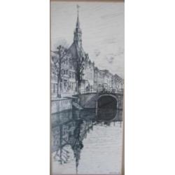 Gerrit Neven(1939) Pentekening"Kerk en brug Schoonhoven"Ges