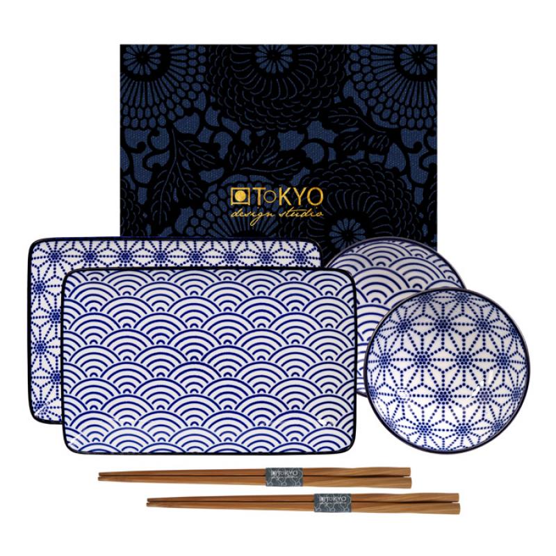 Tokyo Design Studio - Nippon Blue - sushi borden set - Golven/Ster - 21 x 13.5 & 9.5 x 3cm